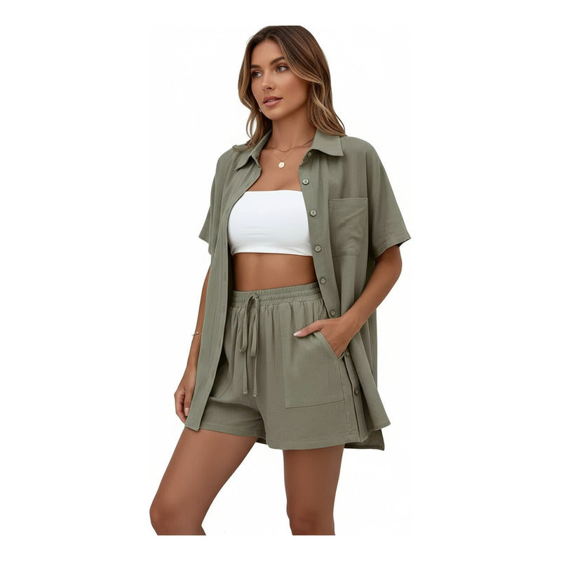 Conjunto Camisa Manga Corta Short Con Elástico Y Cordón