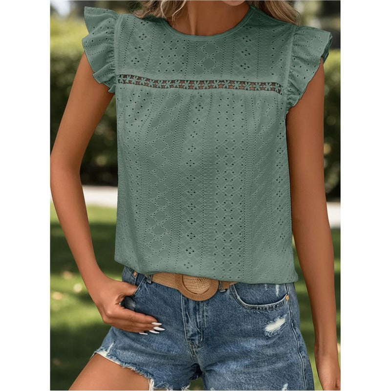 Blusa Remera Broderie Manga Corta Volados Varios Colores