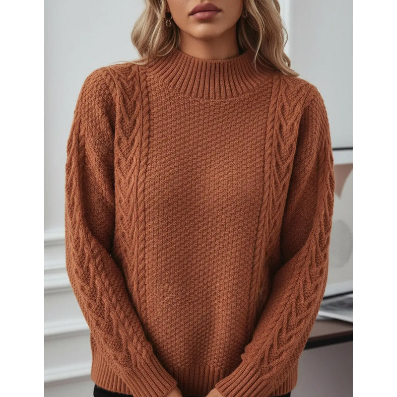 Sweater Buzo De Dama Tejido Trenzado Con Cuello Alto Y Tajo