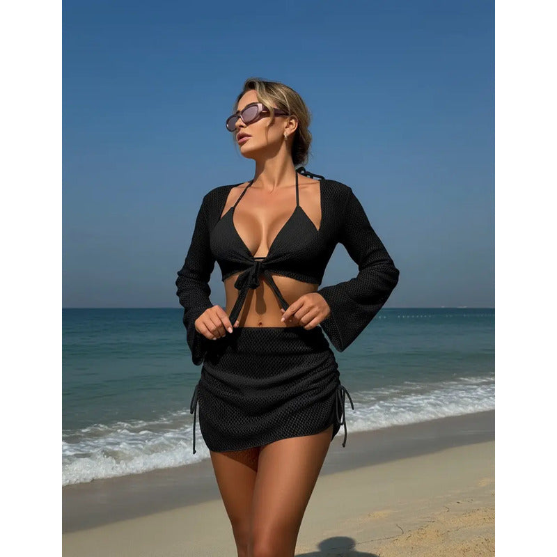 Bikini Tiras Malla 4 Piezas Pollera Top Triangulo  Uniteduy