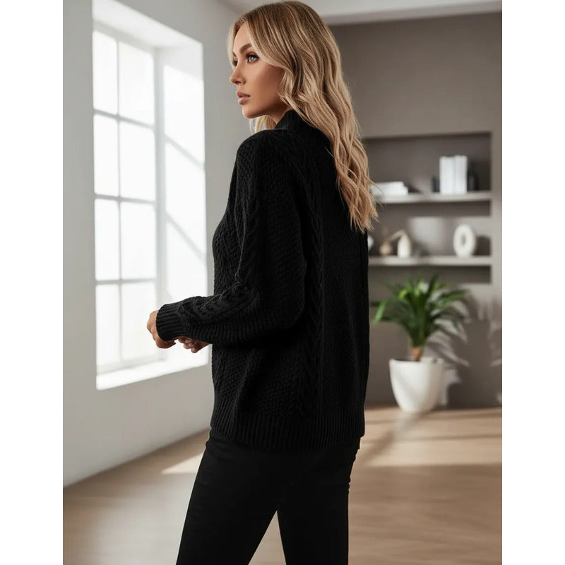 Sweater Buzo De Dama Tejido Trenzado Con Cuello Alto Y Tajo