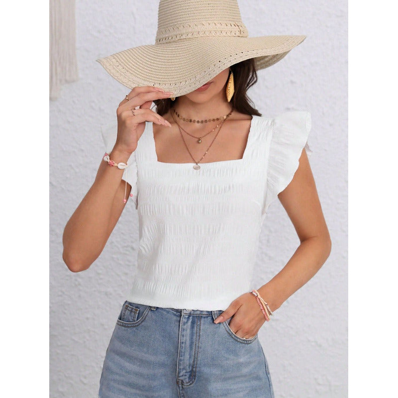 Blusa Remera Cuello Cuadrado Con Manga Corta Volado Uniteduy