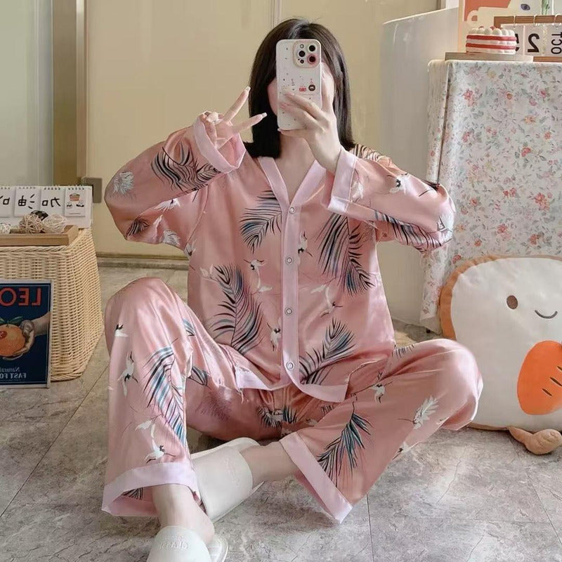 Pijama Seda Fria Saten Estampados Pantalon Y Camisa En V