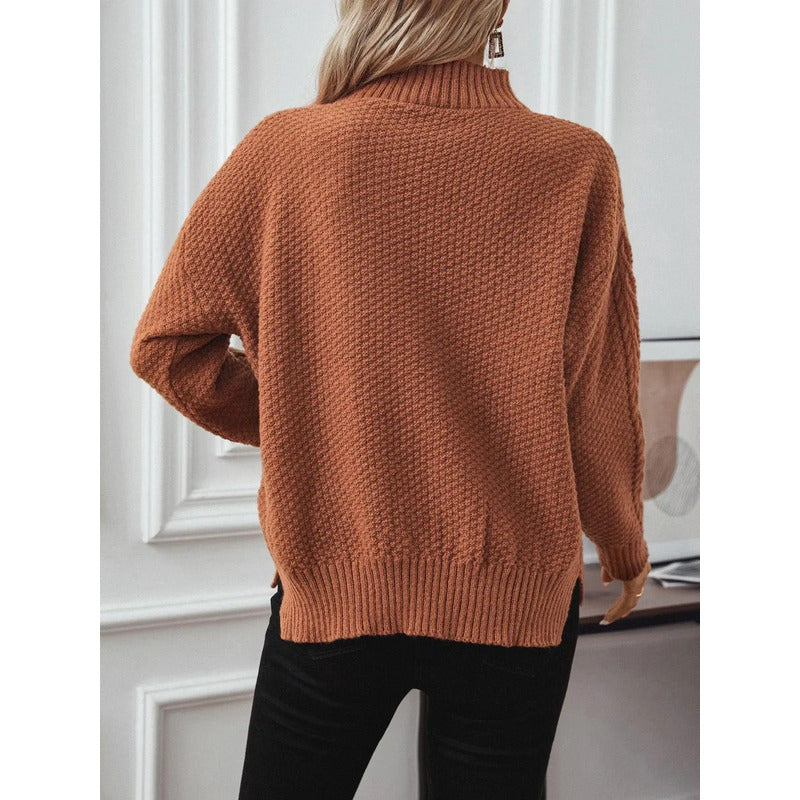 Sweater Buzo De Dama Tejido Trenzado Con Cuello Alto Y Tajo
