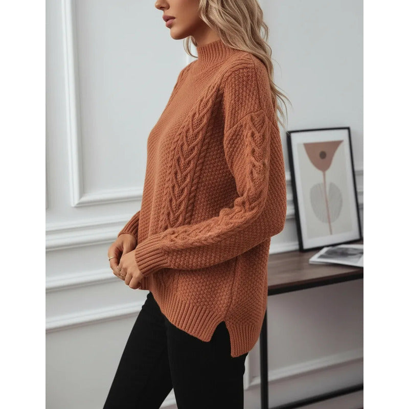 Sweater Buzo De Dama Tejido Trenzado Con Cuello Alto Y Tajo
