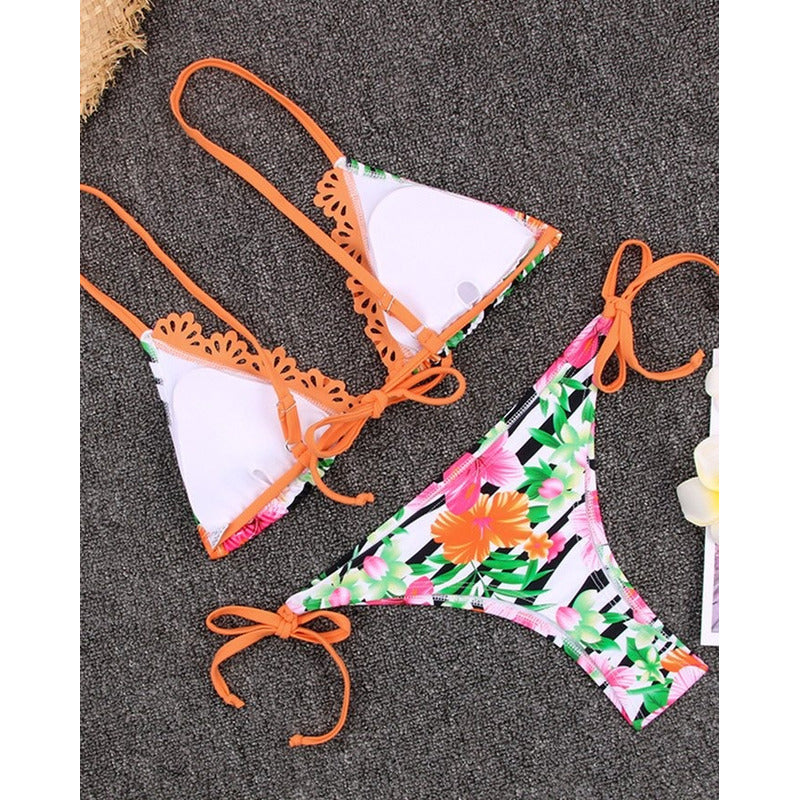 Bikini Malla Con Flores Naranja Fucsia Cola Less Y Tiras