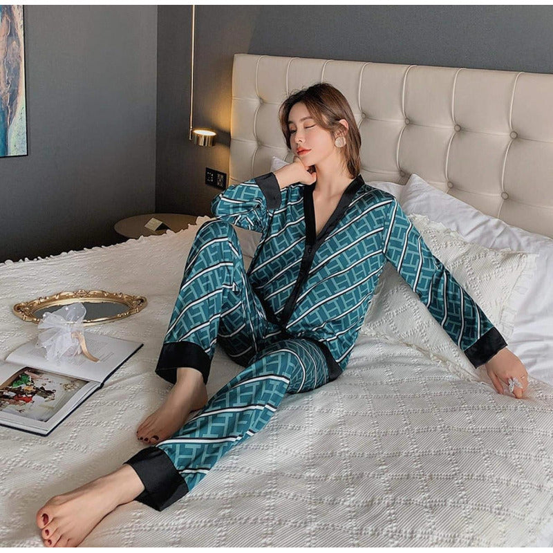Pijama Seda Fria Saten Estampados Pantalon Y Camisa En V