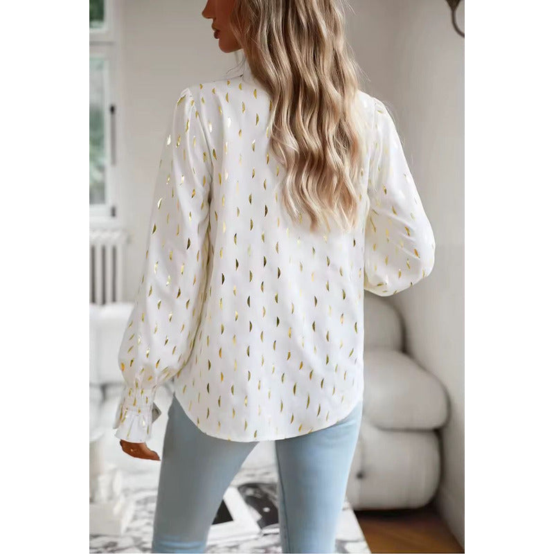 Camisa Blusa Manga Larga Cuello V Manga Volados Con Dorado
