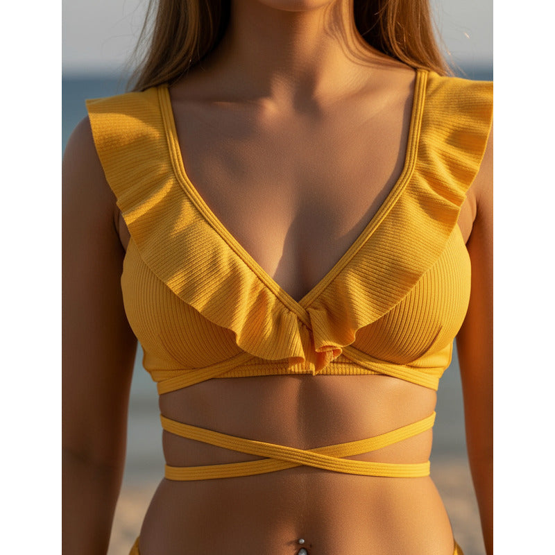 Bikini Amarillo Cruzado Volados Tiras Cola Less Uniteduy