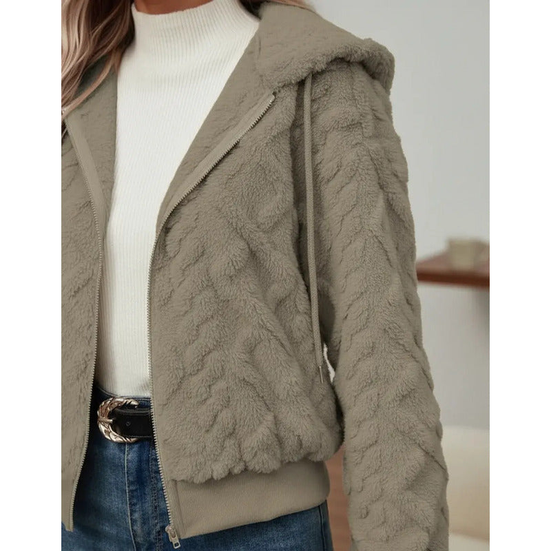 Campera Corta Trenzada Puños Capucha Polar Peluda Uniteduy