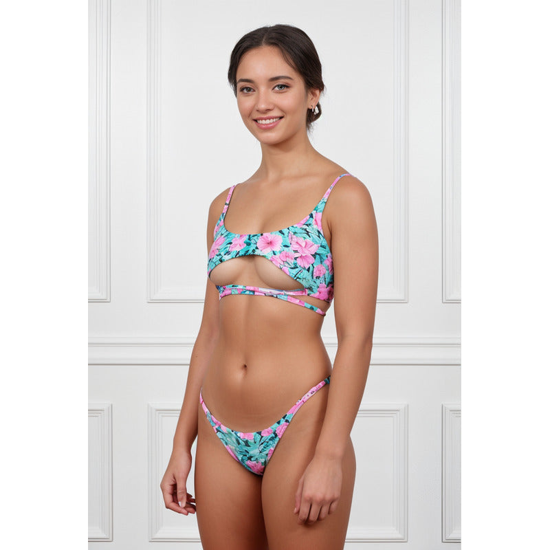Malla Bikini Regulable Estampado Fucsia Y Turquesa Floreado