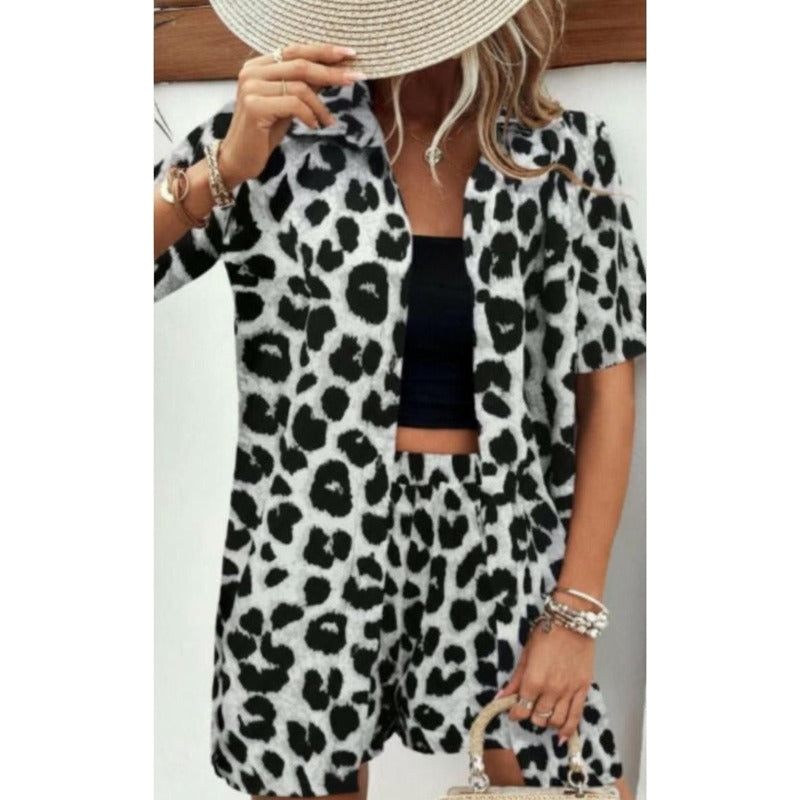 Conjunto Camisa Manga Corta Short Con Elástico Animal Print