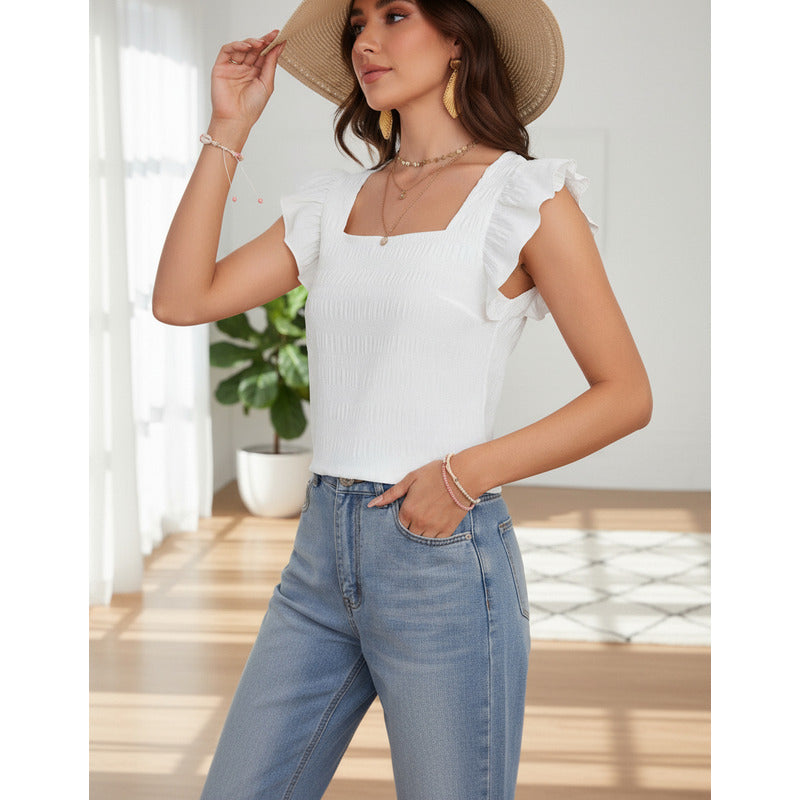 Blusa Remera Cuello Cuadrado Con Manga Corta Volado Uniteduy