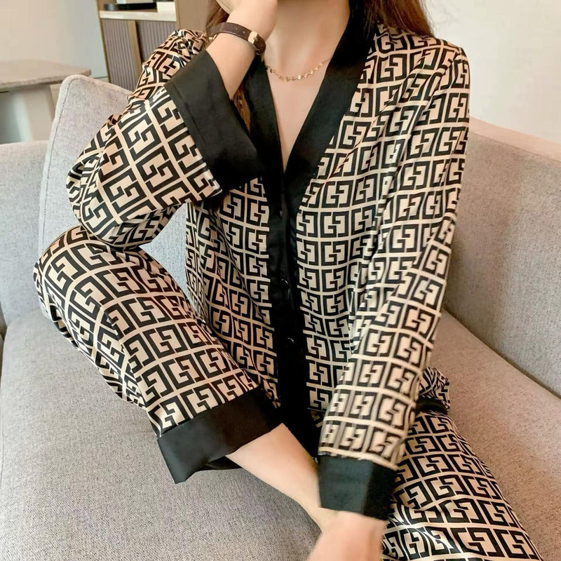 Pijama Seda Fria Saten Estampados Pantalon Y Camisa En V