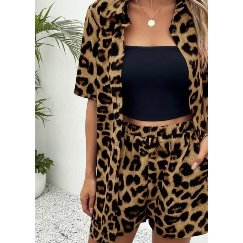 Conjunto Camisa Manga Corta Short Con Elástico Animal Print