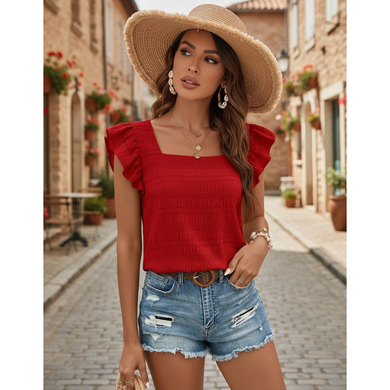 Blusa Remera Cuello Cuadrado Con Manga Corta Volado Uniteduy
