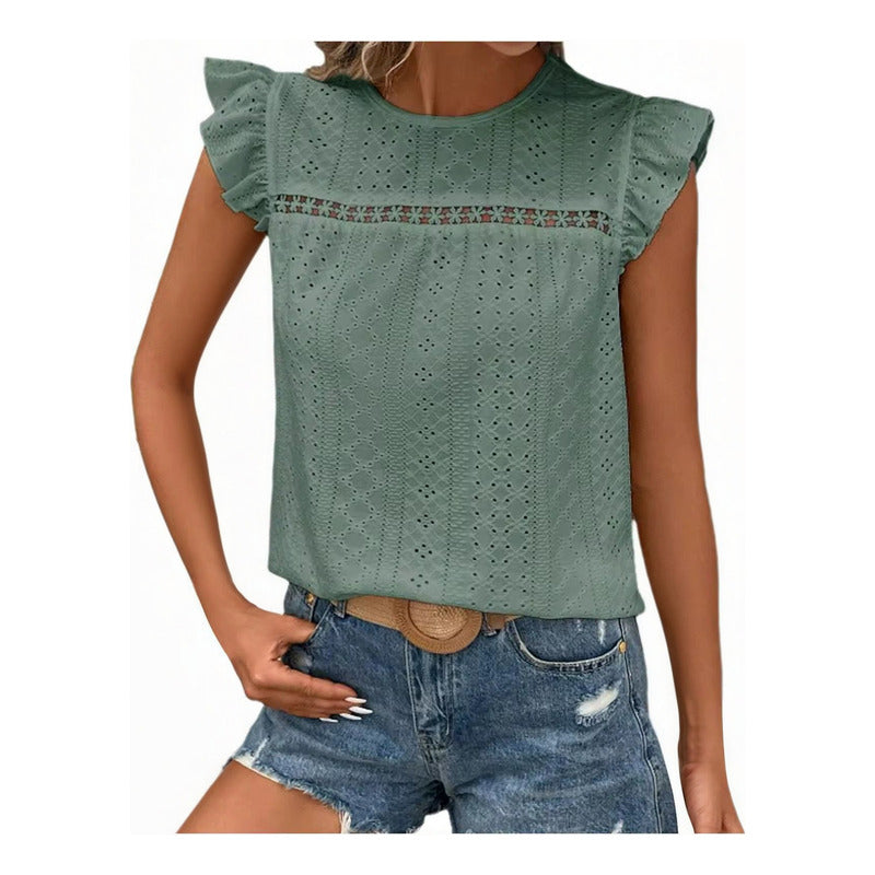 Blusa Remera Broderie Manga Corta Volados Varios Colores