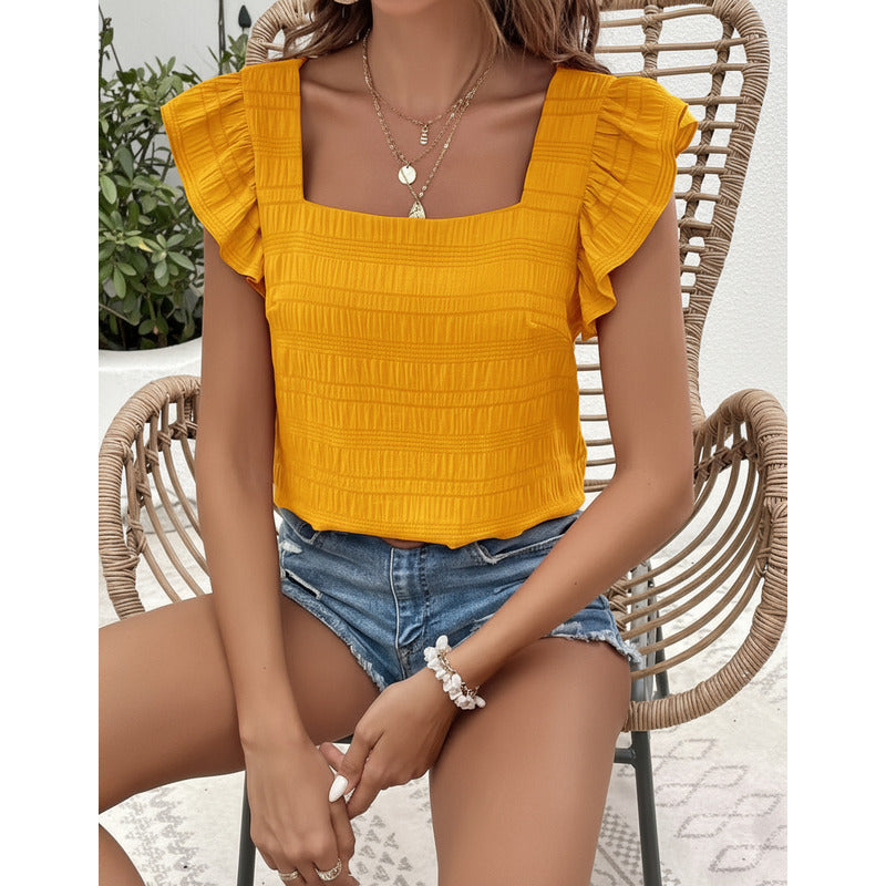 Blusa Remera Cuello Cuadrado Con Manga Corta Volado Uniteduy