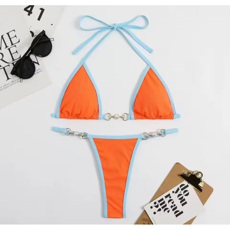 Bikini Triangulo Cadena Con Perla Colaless Varios Colores