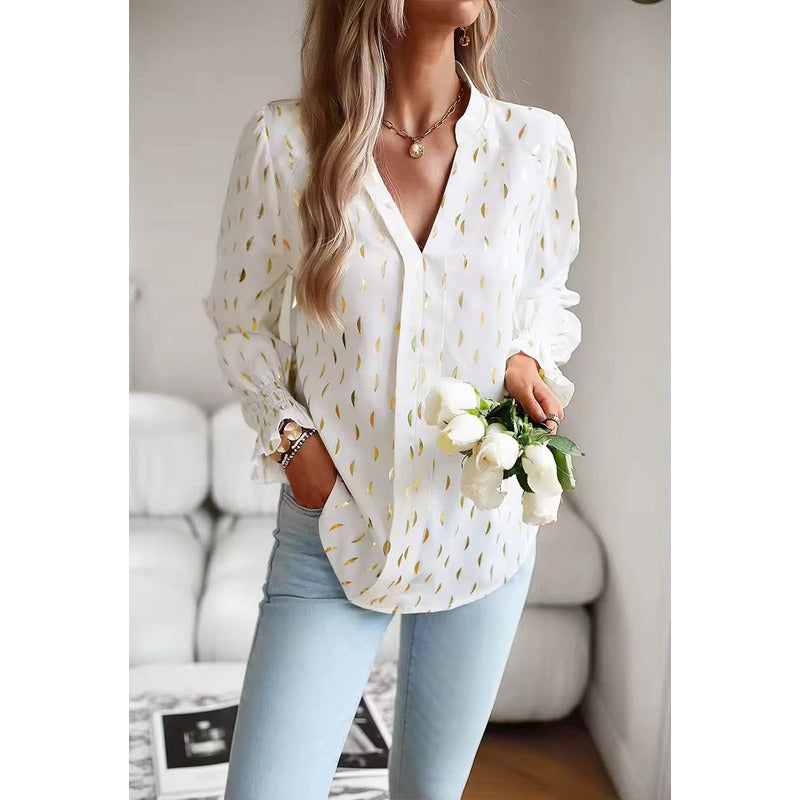 Camisa Blusa Manga Larga Cuello V Manga Volados Con Dorado