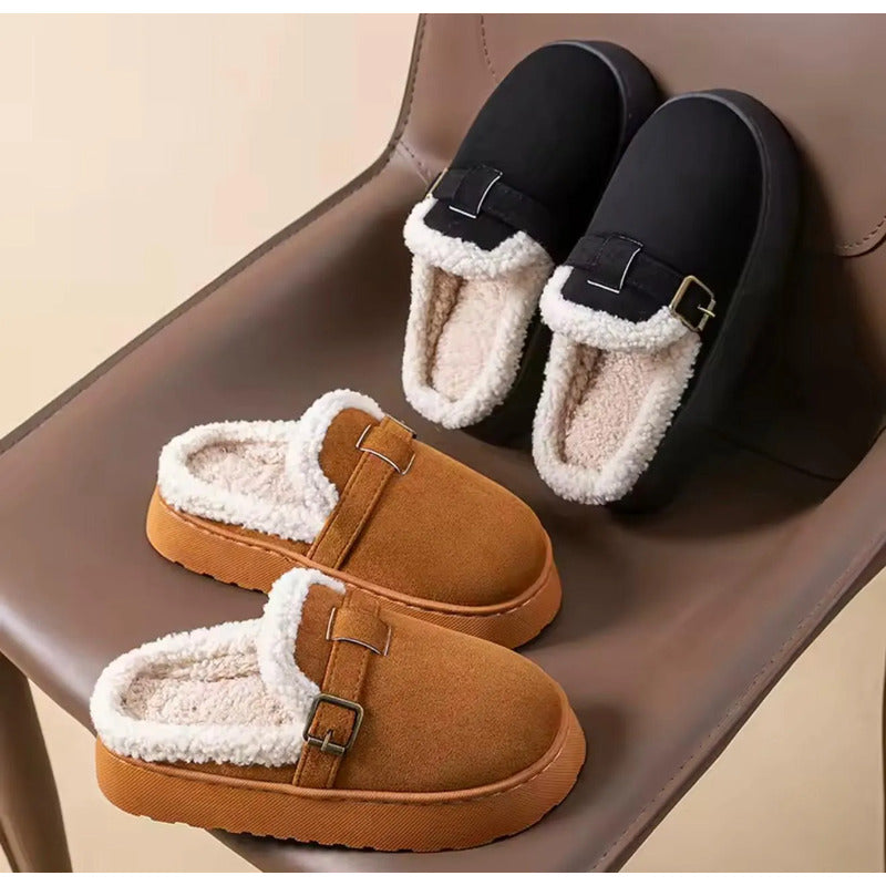Pantuflas Mujer Con Corderito Altas Sin Talón Y Hebilla