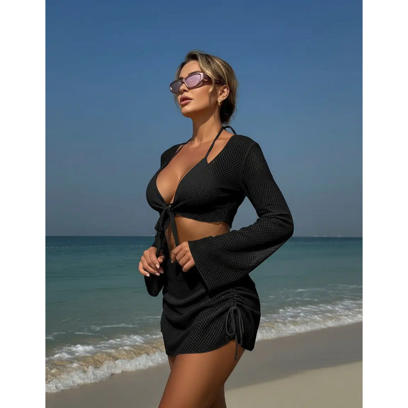 Bikini Tiras Malla 4 Piezas Pollera Top Triangulo  Uniteduy