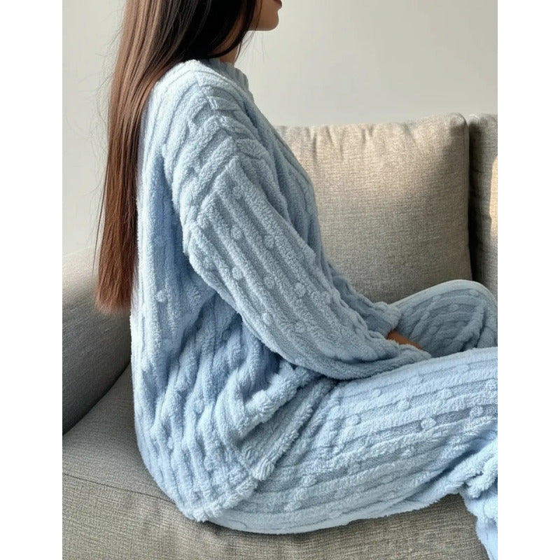 Pijama Peluche Invierno Dama Largo Texturado Con Puntos