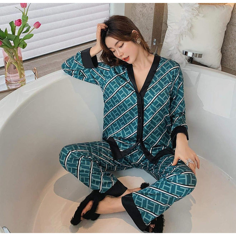 Pijama Seda Fria Saten Estampados Pantalon Y Camisa En V