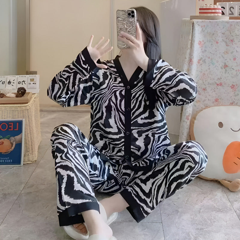 Pijama Seda Fria Saten Estampados Pantalon Y Camisa En V