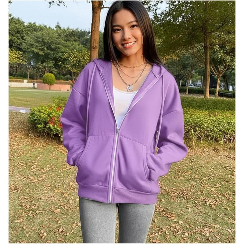 Campera Canguro Con Cierre Bolsillos Capucha Dama Lisa