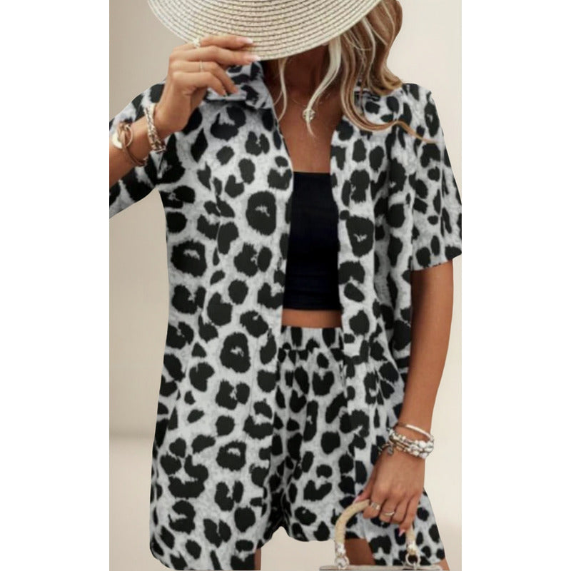 Conjunto Camisa Manga Corta Short Con Elástico Animal Print