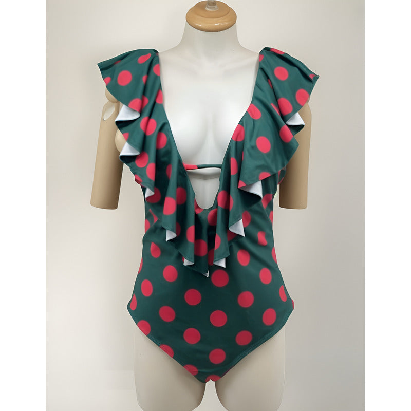 Enteriza Bikini Malla Con Volados Verde Y Lunares Rojos