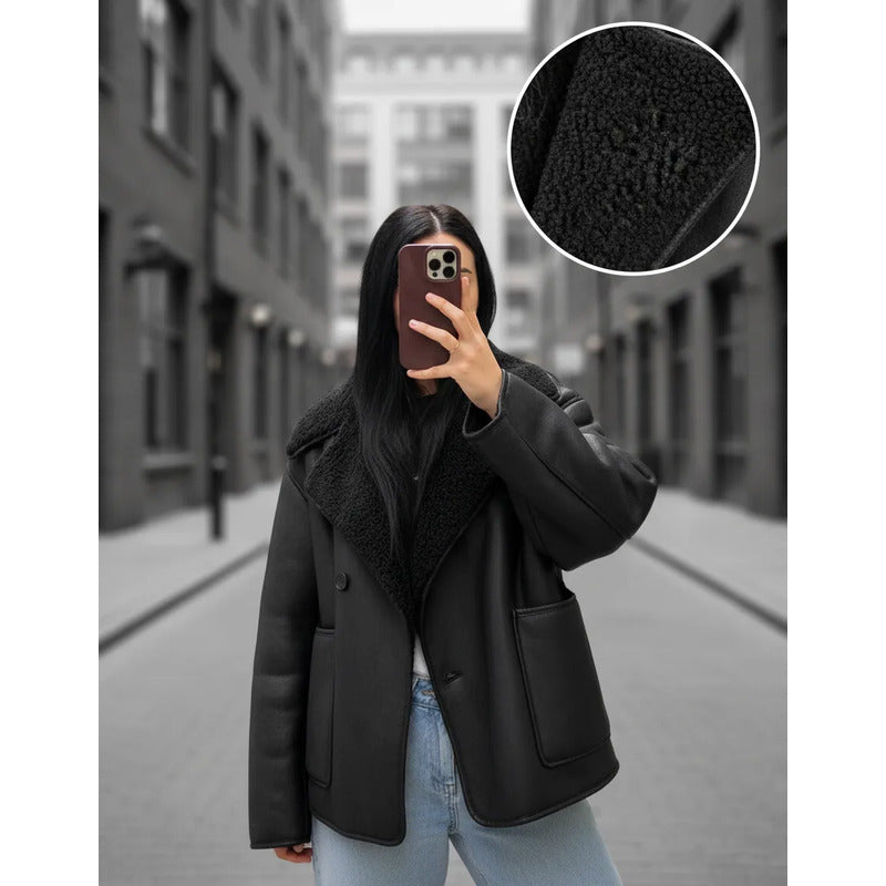 Campera Gamulán Cuello Solapa  Mujer Con Corderito Negro