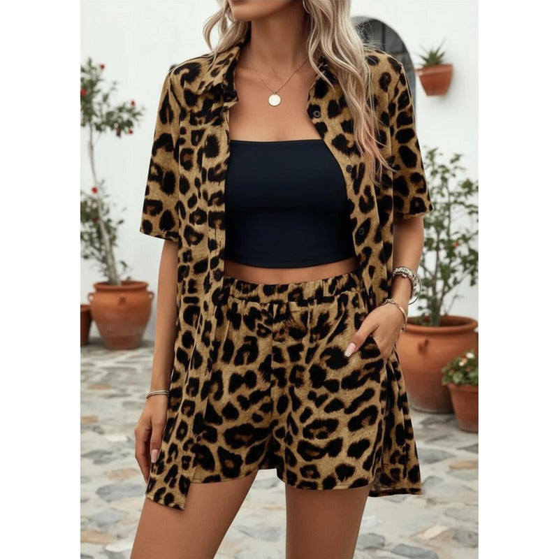 Conjunto Camisa Manga Corta Short Con Elástico Animal Print
