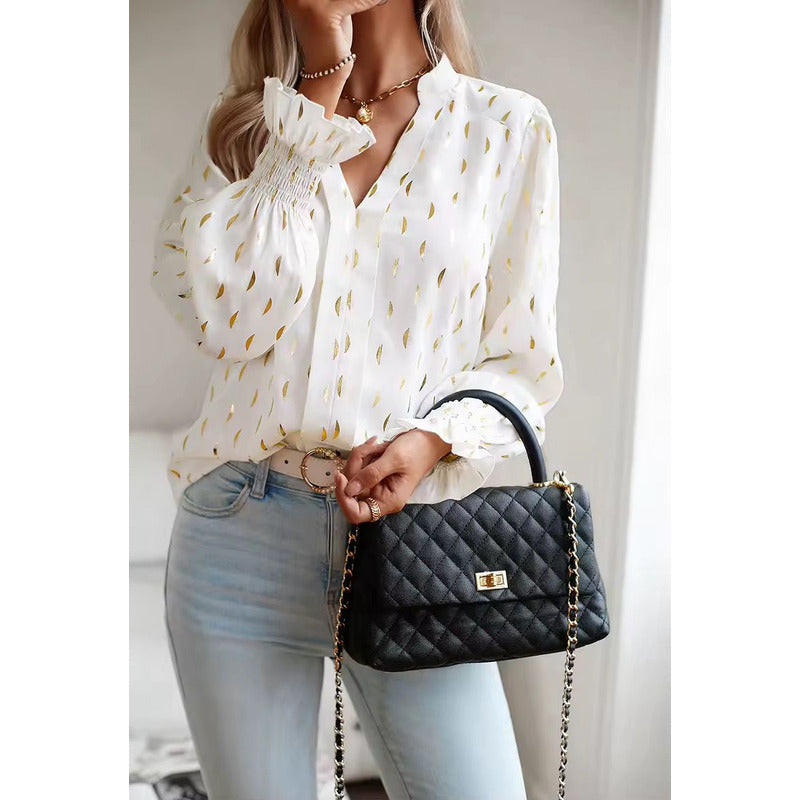 Camisa Blusa Manga Larga Cuello V Manga Volados Con Dorado