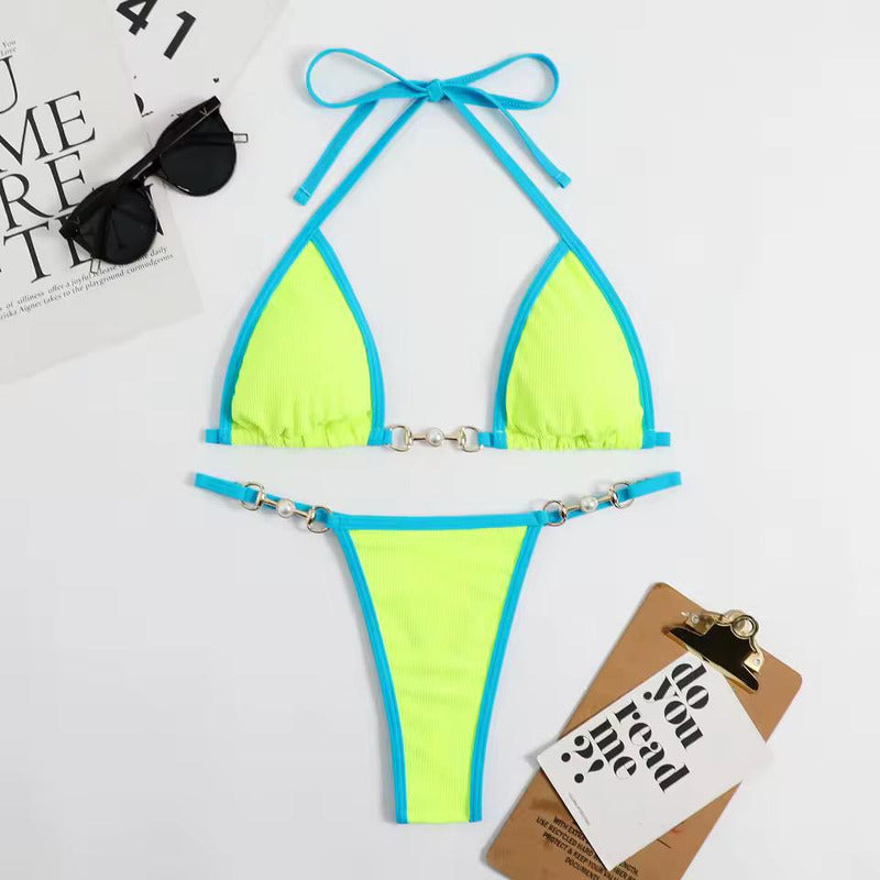 Bikini Triangulo Cadena Con Perla Colaless Varios Colores