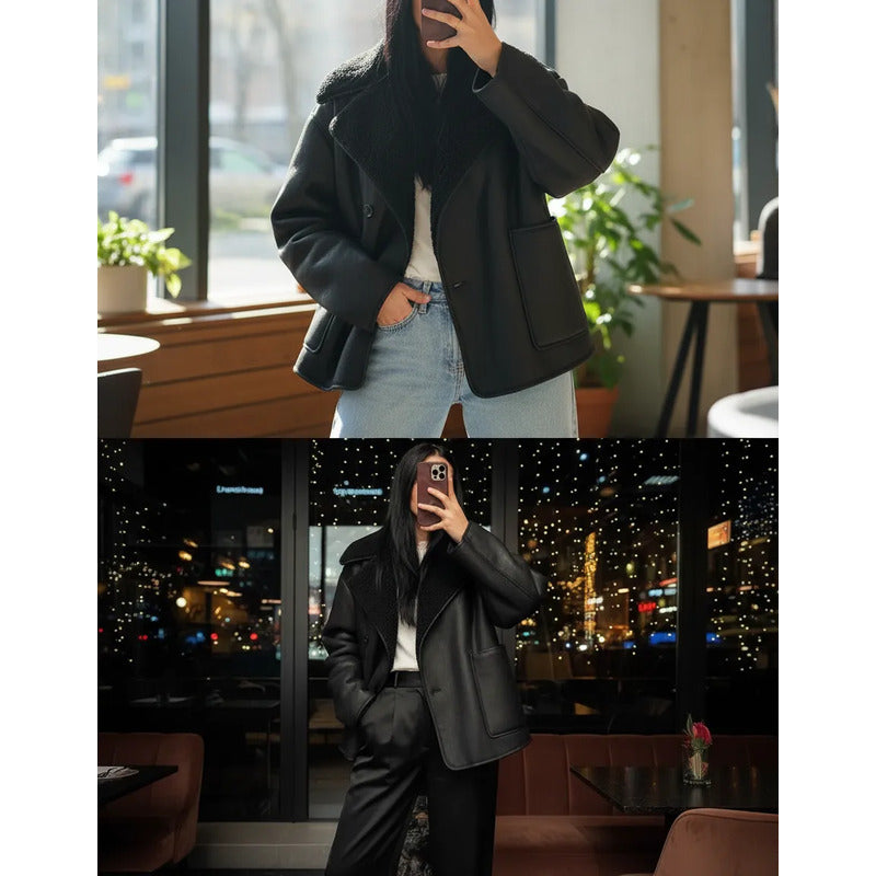 Campera Gamulán Cuello Solapa  Mujer Con Corderito Negro