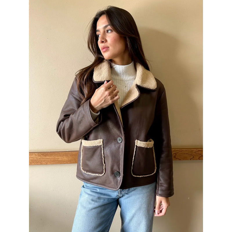 Campera Gamulán Corderito Cuello Solapa Marrón Para Mujer