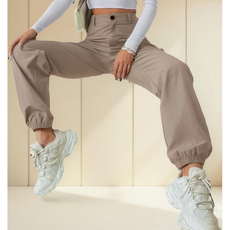 Pantalón Cargo Dama Con Bolsillos Y Puños Negro Y Beige