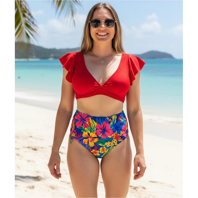 Bikini Tiro Alto Ani Rojo Flores Mujer - Uniteduy