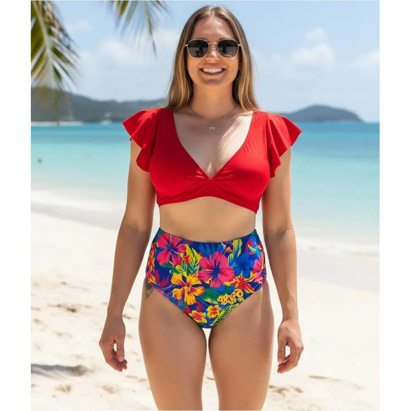 Bikini Tiro Alto Ani Rojo Flores Mujer - Uniteduy