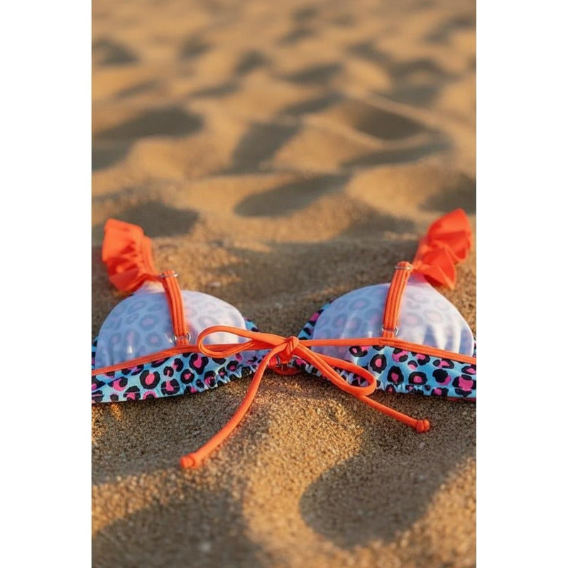 Bikini Celeste Con Animal Print En Fucsia Y Naranja Con Tira