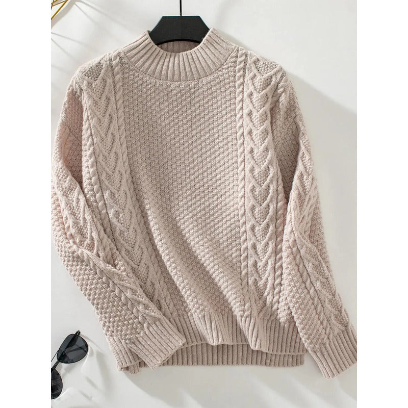 Sweater Buzo De Dama Tejido Trenzado Con Cuello Alto Y Tajo