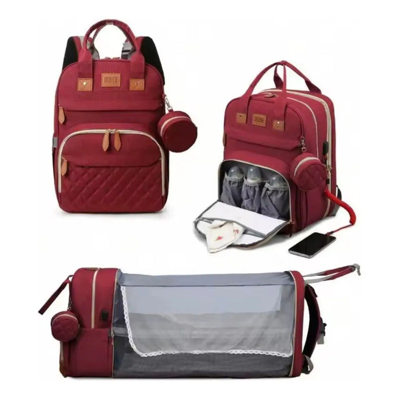Bolso Sun Shine Mochila Maternal Cuna Bebé Cambiador Calidad Bordó Liso