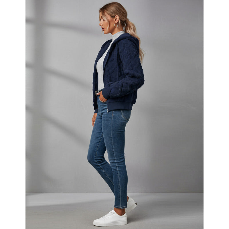 Campera Corta Trenzada Puños Capucha Polar Peluda Uniteduy