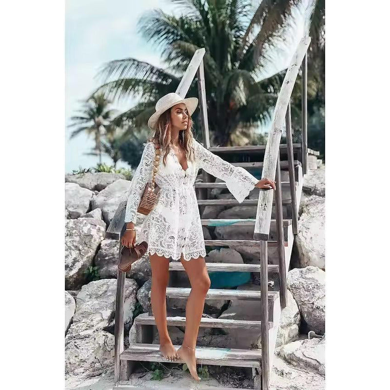 Vestido Corto Pareo Salida De Playa Encaje Flores Uniteduy