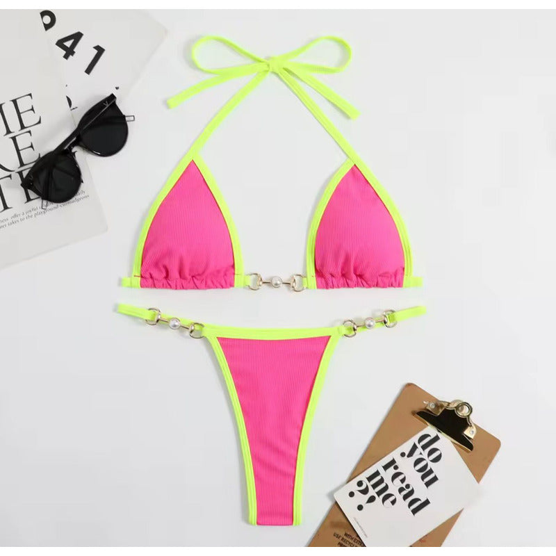 Bikini Triangulo Cadena Con Perla Colaless Varios Colores