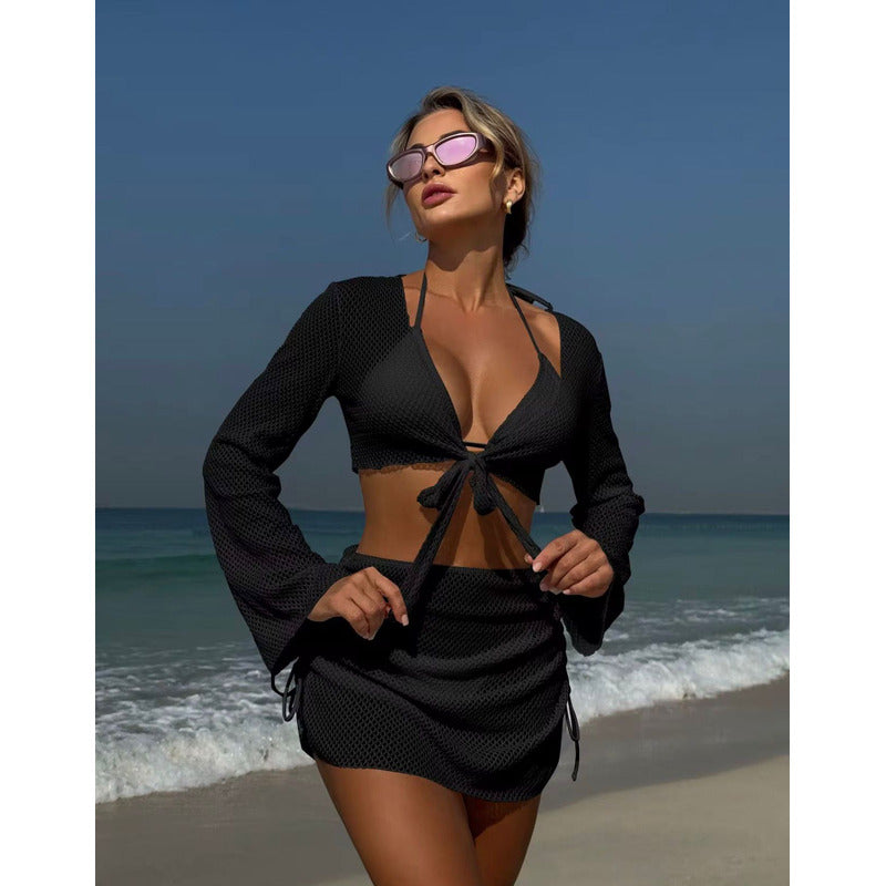 Bikini Tiras Malla 4 Piezas Pollera Top Triangulo  Uniteduy