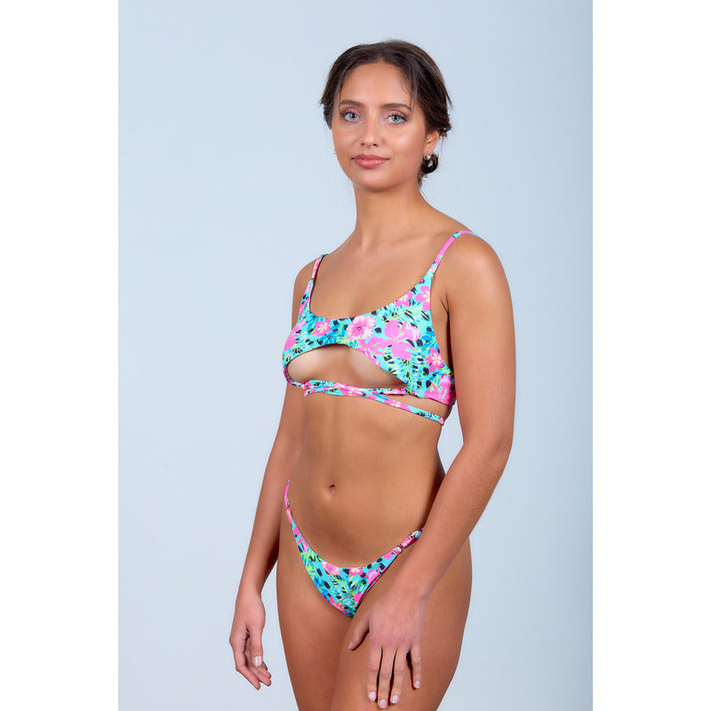 Malla Bikini Regulable Estampado Fucsia Y Turquesa Floreado