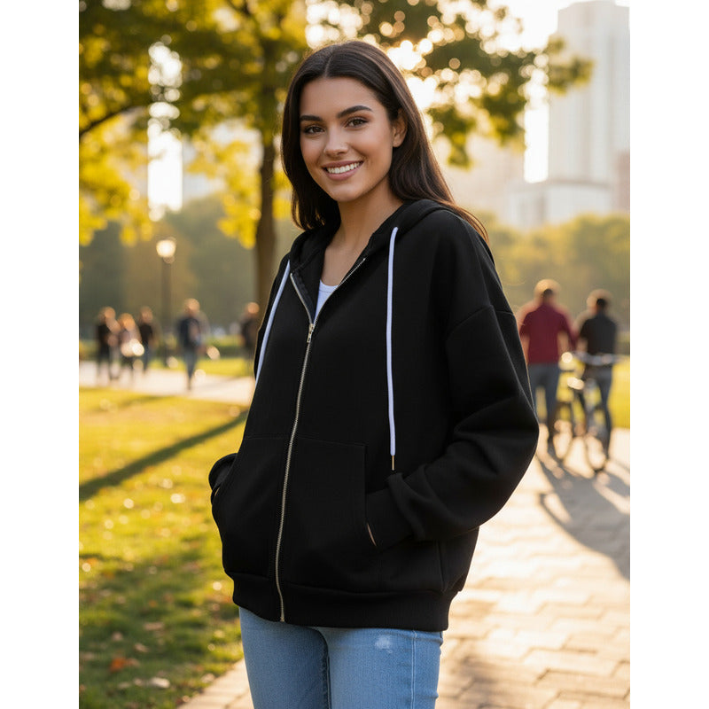 Campera Canguro Con Cierre Bolsillos Capucha Dama Lisa